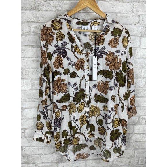 New Nicole Miller 100% Linen European Flax Button Down Shirt Neutral Floral S‎ - Picture 1 of 14